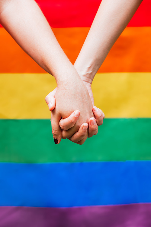 Im Hintergrund eine Regenbogenflagge - im Vordergrund händchenhaltende Frauen. Sichtbar sind Unterarm und Hände